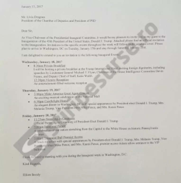 Invitatia trimisa lui Liviu Dragnea si Sorin Grindeanu, de Elliott Broidy, vicepresedintele comisiei prezidentiale de inaugurare
